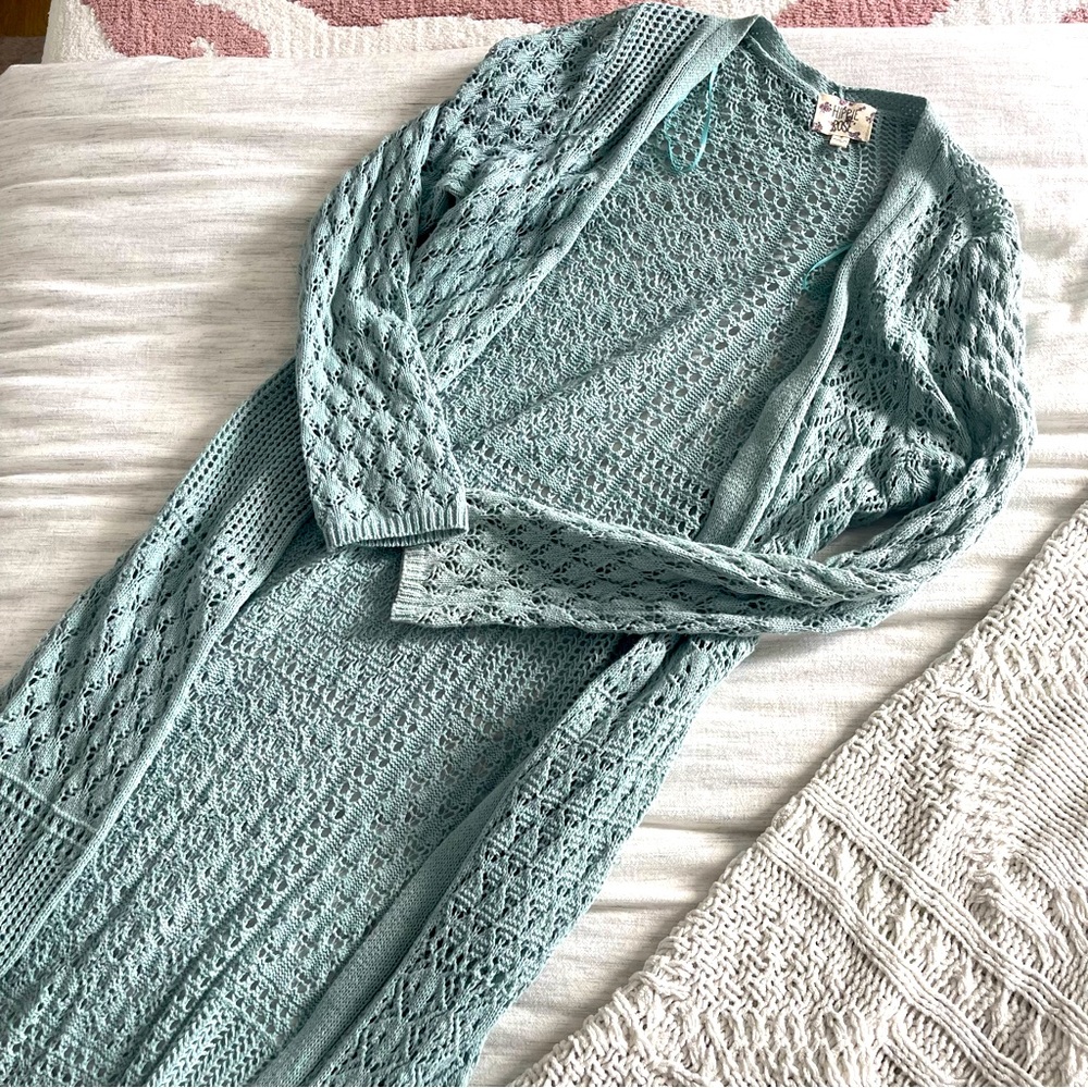 Teal Longline Crochet Cardigan